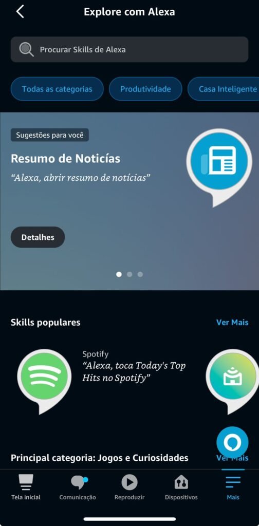 Tela de skills e Jogos app Alexa - Iphone