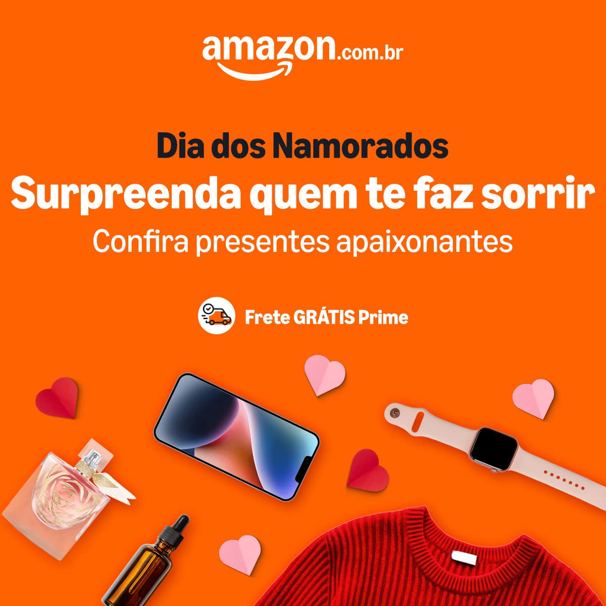 Banner promocional do Dia dos Namorados da Amazon com ofertas especiais e frete grátis para membros Prime